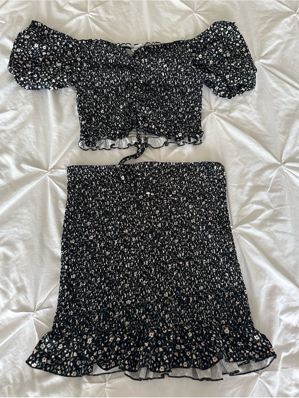 Revamped Black and White Floral Smocked Two-Piece Dress Set
